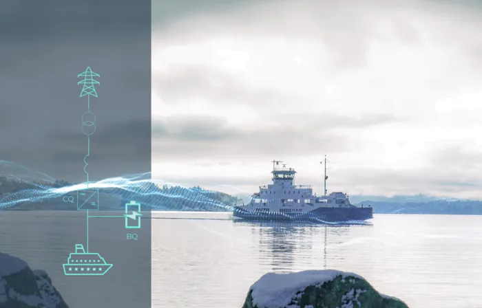 Car ferry crossing a fjord between islands in Norway, driven by electricity